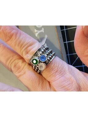 size 8.5 - 925 silver - 3 stone Spinner ring -  emerald rose quartz and topaz